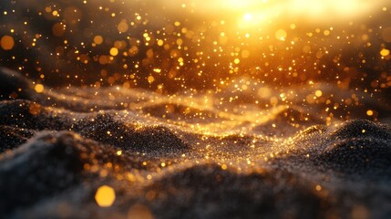 Naklejka premium Golden particles floating over a wavy surface at sunset.