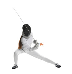 Fencer with epee practicing on white background