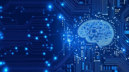 A graphic of artificial intelligence (AI) with a digital brain and human head outline made from intricate circuit board designs, symbolizing the connection between AI and human cognition.