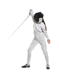 Fencer with epee practicing on white background