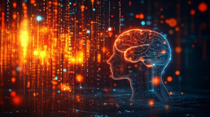 Obraz premium A sleek, dark blue background with a digital brain and human head outline, constructed from circuit board elements, connecting to represent the concept of artificial intelligence (AI) and electronic