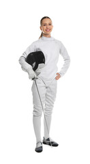 Smiling fencer with protective mask and epee on white background