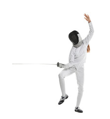 Fencer with epee practicing on white background