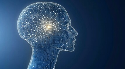 The concept of artificial intelligence (AI) and electronic brain is visualized with a human head outline and digital brain formed from circuit board elements, connected on a futuristic dark blue
