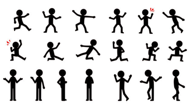 Stickman icons. Stick figures black silhouettes showing various poses and gestures, running, meditating and jumping. Ideal for infographics, design and app interfaces. Minimalist vector illustration