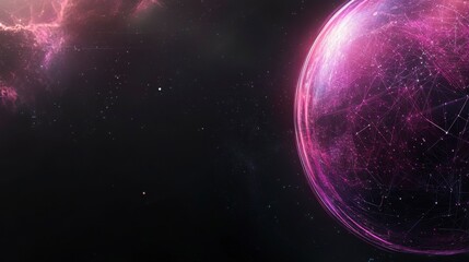 A dynamic 3D neon sphere, formed by flowing digital particles, glowing in ultraviolet light, representing the intersection of artificial intelligence, neural networks, and big data analysis on a