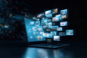 Modern laptop shows vibrant digital display with multiple screens. Vivid images emerge from laptop screen. Tech innovation concept. Creative digital imagery, colorful visuals. Future tech design with