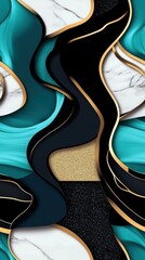 Obraz premium Abstract teal and black flowing design with gold accents and glitter, background wallpaper