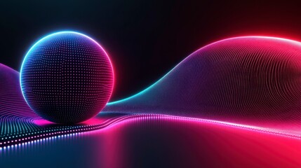 Abstract glowing 3D neon sphere made from flowing digital particles, illuminated by ultraviolet dust, representing artificial intelligence, big data analysis, and neural networks against a black