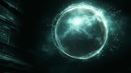 Abstract glowing 3D neon sphere made from flowing digital particles, illuminated by ultraviolet dust, representing artificial intelligence, big data analysis, and neural networks against a black