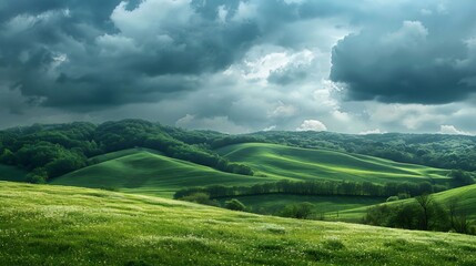 Serene Green Hills Under a Dramatic Sky