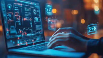 Obraz premium Person's hands typing on laptop with glowing digital data.