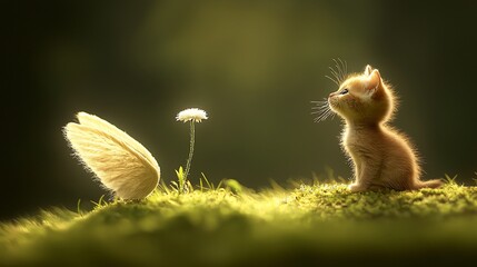 Obraz premium Cute kitten looking at a flower and a wing.