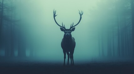 Majestic Deer with Antlers Standing in a Mystical Misty Forest in Dark Cyan Atmosphere at Dawn with Tall Trees and Ethereal Feel