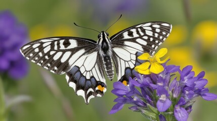 Naklejka premium Close-up of a black and white butterfly on purple and yellow flowers.