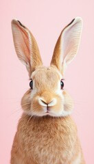 Fototapeta premium A close-up of a cute brown rabbit against a pink background, showcasing its expressive features.