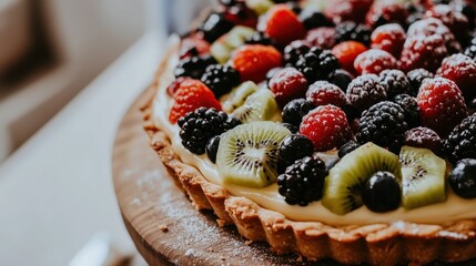 Delicious fruit tart with raspberries, blackberries, and kiwi.
