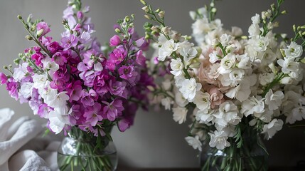 Stunning Bouquet of Purple and White Matthiola Incana Flowers in Glass Vases