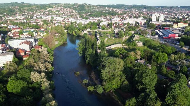 Aerial video of river Vrbas running through the city of Banja Luka, the capital of Srpska Republic, Bosnia and Herzegovina