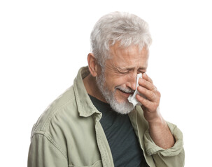 Sad senior man crying on white background