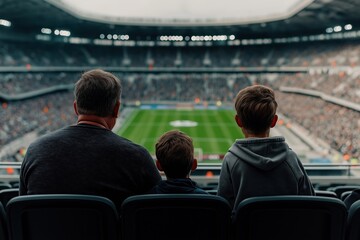 Man, two boys seated in stadium watching soccer game. Spectators enjoying outdoor sporting event. Family leisure time, father-son bonding during sports competition. Group of people gathered in large