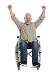 Senior man in wheelchair on white background