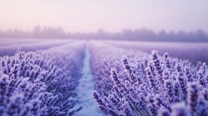Obraz premium Frosty lavender field at sunrise.