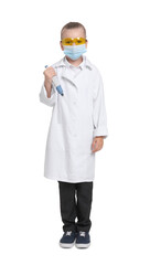 Little girl with protective mask and micropipette pretending to be doctor on white background....
