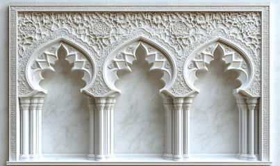 Obraz premium Intricate white architectural design featuring three arches with detailed carvings.