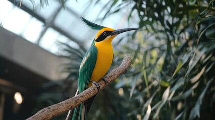 Obraz premium Vibrant green and yellow bird perched on branch.