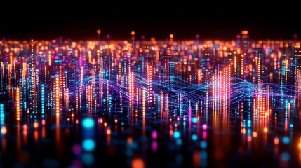 Futuristic AI design showing deep learning and neural networks, with flowing wave equalizer lines in blue and purple, visualizing the data-driven world of artificial intelligence.