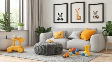 Bright and Playful Living Room with Child-Friendly Decor Featuring Toys and Animal-Themed Artwork in a Cozy, Inviting Space