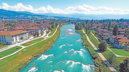 Fototapeta premium Stunning panoramic view of the Areuse River as it meanders through the picturesque NeuchÃ¢tel Jura, Switzerland, surrounded by vibrant nature, creating a breathtaking landscape.