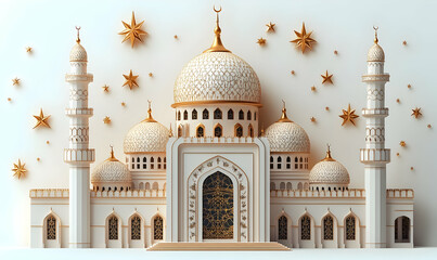 Obraz premium A stylized architectural representation of a mosque with domes and minarets.