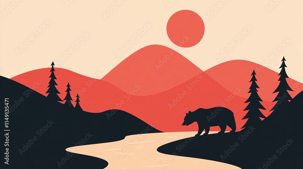 Poster minimalist bear in a stream with forest and mountains in warm tones reflecting tranquility and simpl