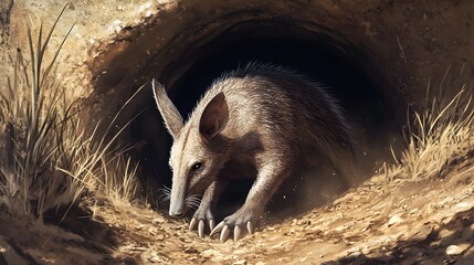 Fototapeta premium An aardvark exploring the entrance of a burrow, capturing the essence of nature's underground world and the unique behaviors of this fascinating creature.