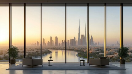 Modern luxury apartment in Dubai boasts stunning skyline view at sunrise. Panoramic city panorama with tall buildings. Calm water channel reflects golden hour light. Furnished interior with comfy