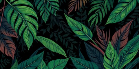 Fototapeta premium Dark pattern featuring exotic leaves in a jungle setting, artistic, jungle, vibrant
