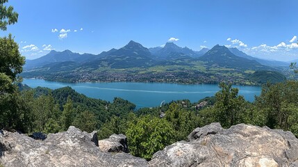 A sweeping panoramic shot of the Areuse River in the NeuchÃ¢tel Jura, Switzerland, with the riverâ€™s calm flow amidst green hills and dense forests, highlighting the region's natural beauty.