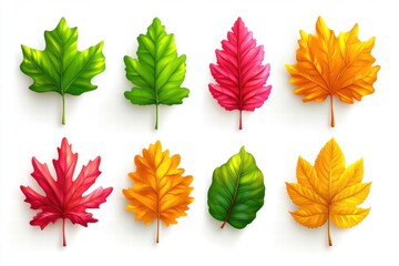 Fototapeta premium Colorful Collection of Autumn Leaves in Various Shapes and Sizes Showcasing the Vibrant Transition of Nature from Green to Warm Fall Hues