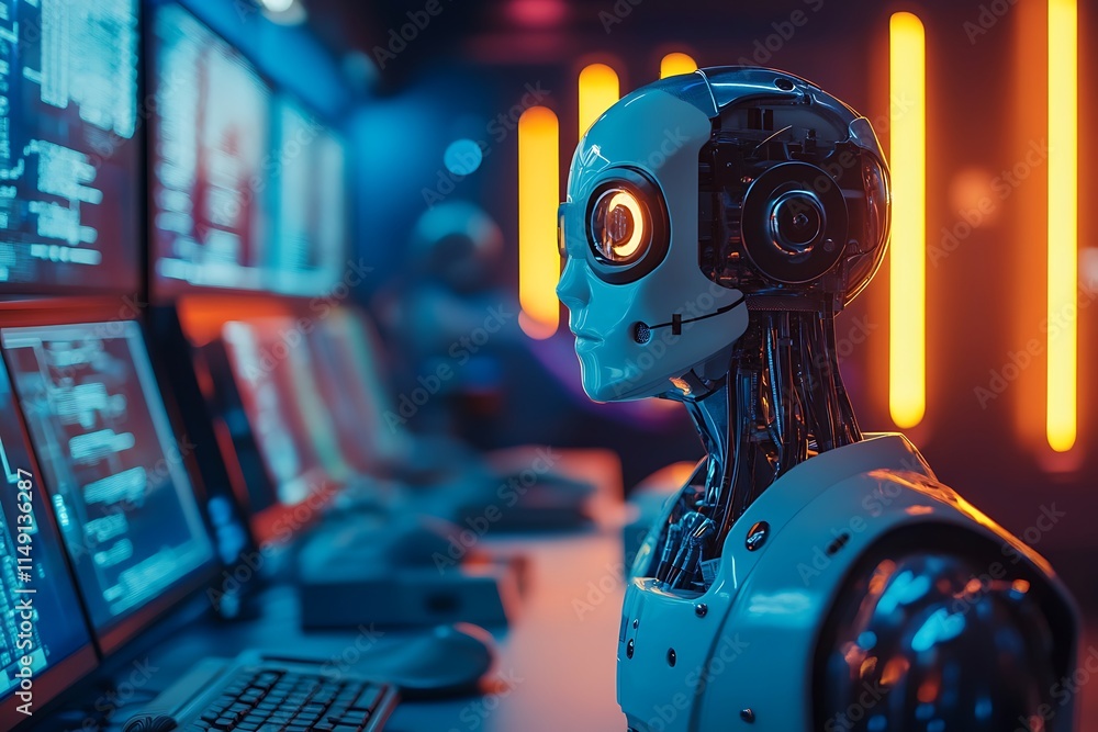 Poster robot in a futuristic control room. concept of artificial intelligence, automation, and technology.