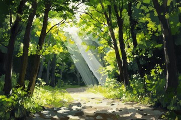 Serene Sunlit Forest Pathway with Green Foliage and Gentle Rays of Light Peeking Through the Tree Canopy During a Bright and Tranquil Day in Nature