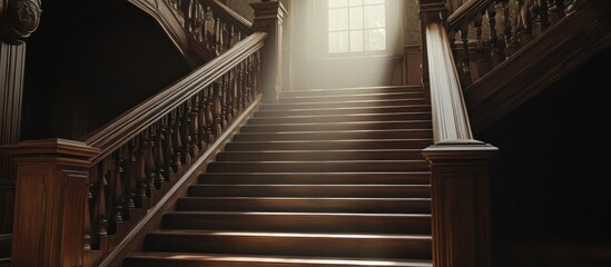 Fototapeta premium Sunbeams illuminate a wooden staircase.