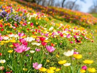 Lush field of vibrant daffodil flowers in bloom on a sunny day, landscape, floral