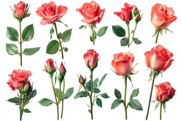 Obraz premium Collection of Pink Roses on White Background Showcasing Various Stages of Blooming, Perfect for Floral Arrangements and Wedding Decorations