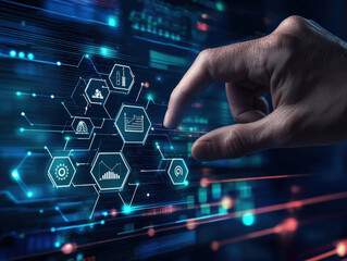 Fototapeta premium Futuristic Hand Interacting with Data Visualization System in Hi-Tech Environment for Digital Communication and Information Analysis