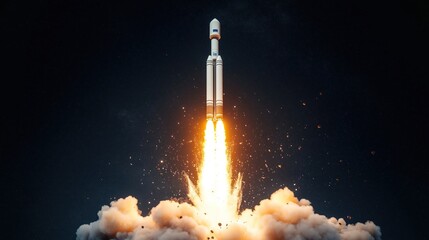 Obraz premium Powerful space rocket launch in outer space. Fiery exhaust plumes blast upward. Ascending trajectory against dark cosmos background. Futuristic tech illustration. Spaceship concept for exploration.