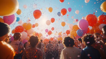 Colorful balloons and confetti rain down on a joyous crowd.