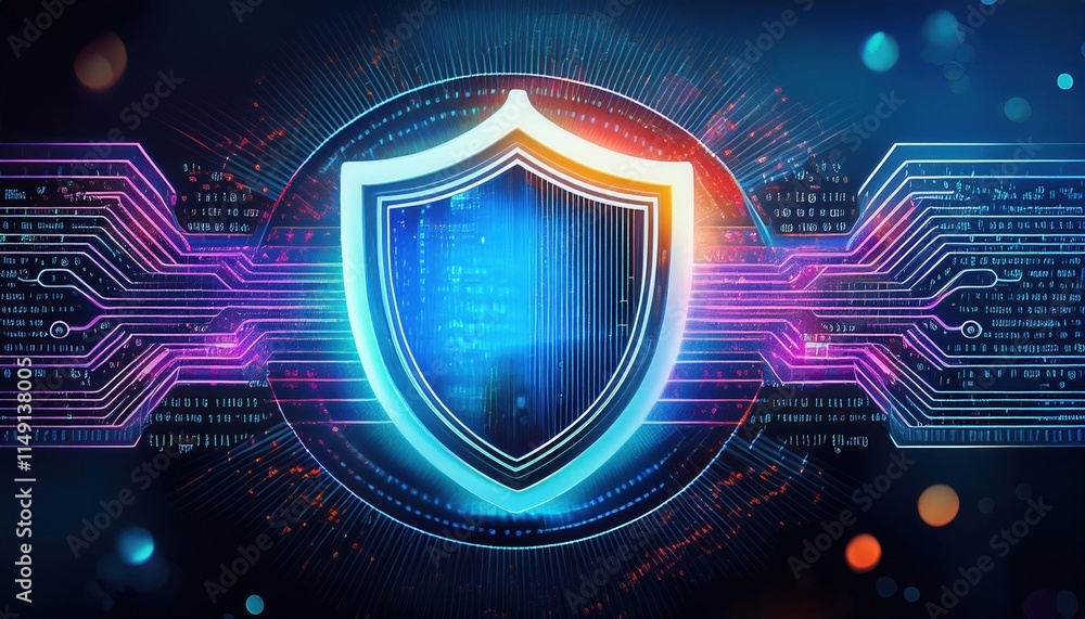 Poster conceptual illustration of digital shield glowing with vibrant colors, surrounded by circuit pattern
