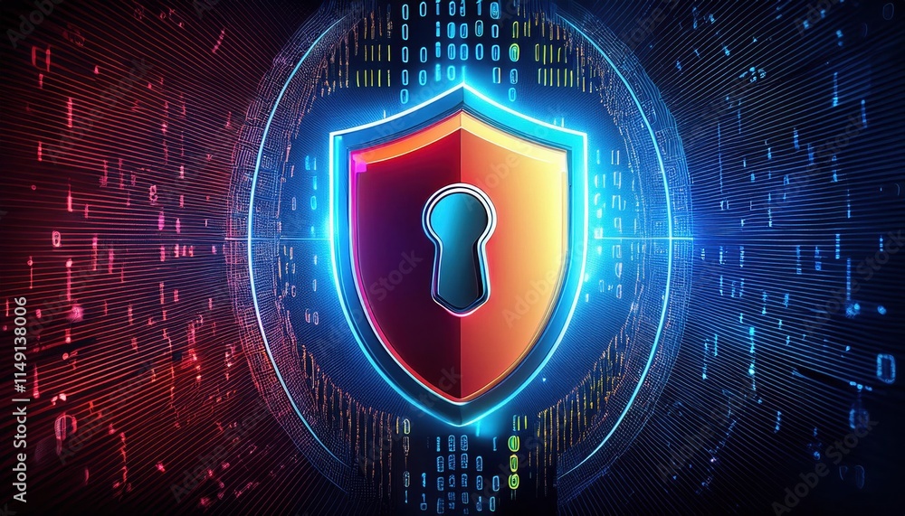 Poster digital shield illustration glowing with vibrant colors, symbolizing security and protection in tech